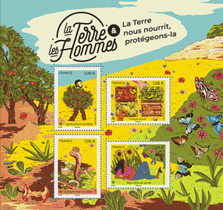 Bloc de timbres La Terre et les Hommes : la terre nous nourrit, protégeons-la.